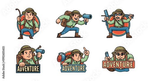 Adventurer character illustrations with exploration tools set