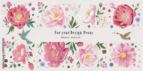 Floral arrangement featuring pink peonies birds and botanical elements