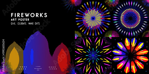 Colorful fireworks display with abstract city skyline and celebratory text