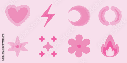 A collection of pink hand drawn icons including hearts stars and floral shapes