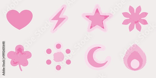 Collection of pastel pink hand drawn icons and symbols arranged on a white background