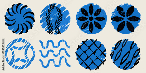 Abstract blue patterned eggs arranged in a grid formation