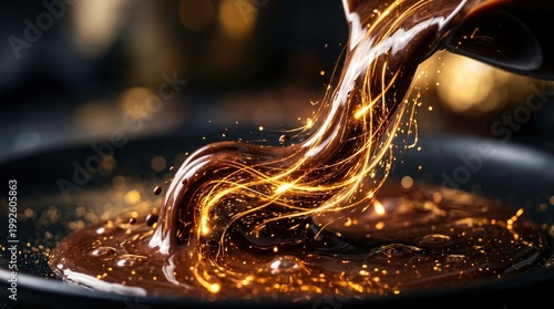 Golden Liquid Flowing with Sparkling Light Effects in Dark Background