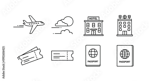 Travel and Tourism Icon Set in Modern Thin Line Style. Airplane, Hotel, Ticket, and Passport Vector Illustration.