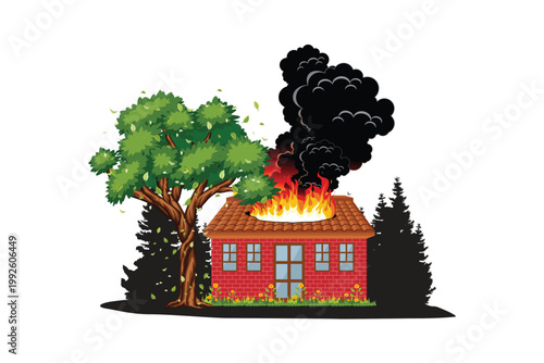 House on Fire with Thick Black Smoke Illustration