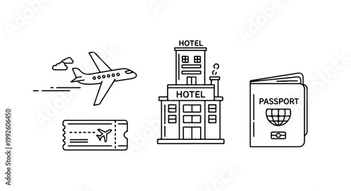Travel Icon Set with Airplane Hotel Passport and Plane Ticket Vector Illustration