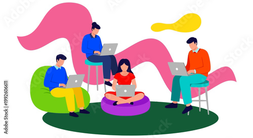 Four people working together on laptops.