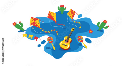 Vibrant fiesta celebration with kites guitar maracas and cacti in blue splash evoking joyful mexican culture