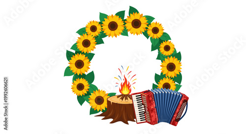 Summer festival celebration with a bonfire accordion and a wreath of sunflowers evoking joy and outdoor merriment