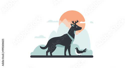 Majestic cervine silhouette standing proudly beside small bird against softly lit mountain landscape and setting sun