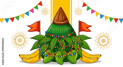 Vibrant hindu festival decoration with kalash mango leaves bananas and colorful bunting flags celebrating auspicious