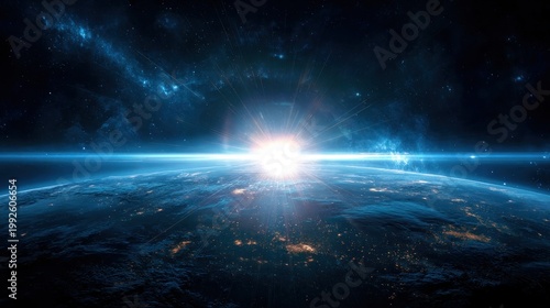 Cosmic vista of planet earth emerging from the depths of space