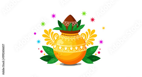 Traditional kalash pot decorated with leaves and flowers symbolizing auspiciousness and prosperity for celebrations