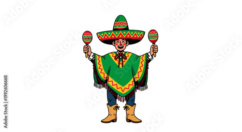 Festive mexican man wearing sombrero and poncho holding maracas ready for celebration isolated on white background