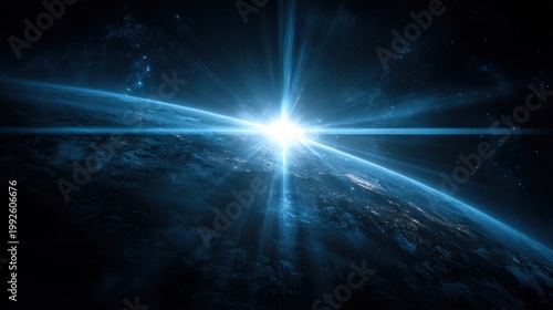 Cosmic sunrise earth from space with bright star flare and glowing atmosphere