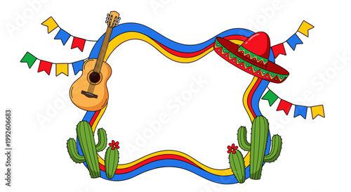 Vibrant mexican fiesta frame with guitar sombrero and cacti decorated with colorful bunting flags for celebration
