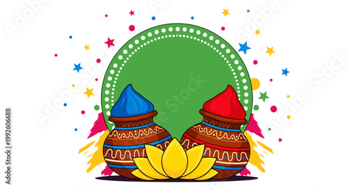 Vibrant indian festival celebration with colorful clay pots lotus flower and confetti symbolizing tradition and joy