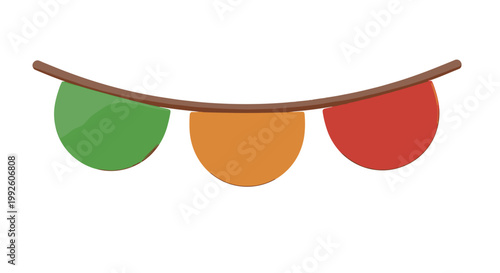 Festive garland with green orange and red pennants strung on a curved brown cord against a clean white background