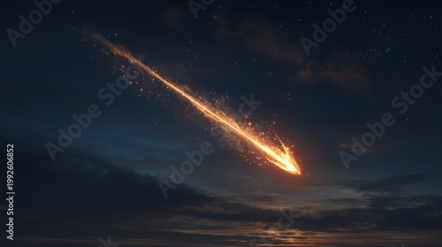 Fiery meteor shower streaking across a dark evening sky