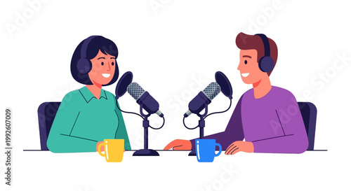 Two people recording a podcast episode.