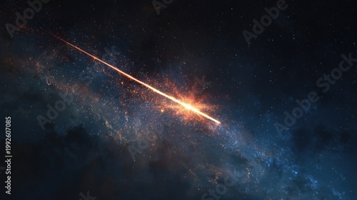 Fiery meteor streaking across the night sky with nebulous background
