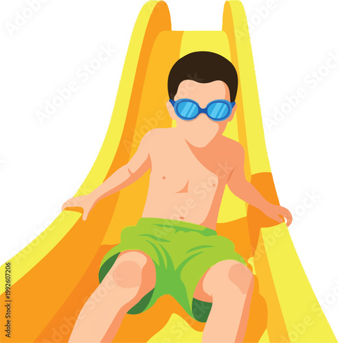 Excited boy in blue goggles at water slide, perfect for summer vacation themes in advertising, brochures, and social media.