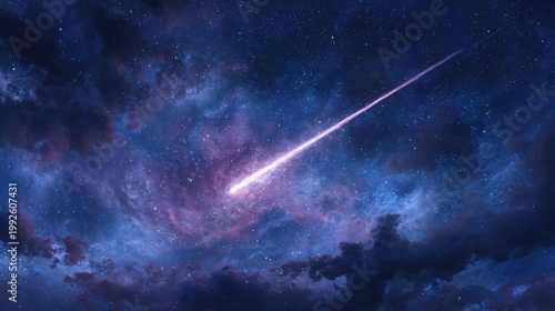 Dramatic meteor shower across the starry night sky with celestial light trails