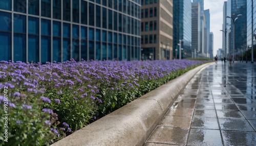 A city sidewalk lined with purple flowers and modern glass buildings on a rainy day