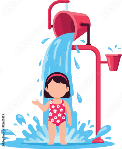 Girl under a dumping water bucket. Perfect for summer activities, family fun, splash pad advertisements, water parks, and outdoor recreation.
