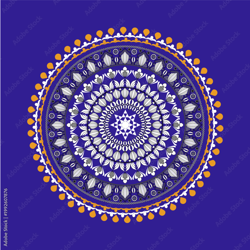 Obraz premium royal blue mandala pattern featuring intricate white spiritual motifs and golden accents for sacred meditation decor.