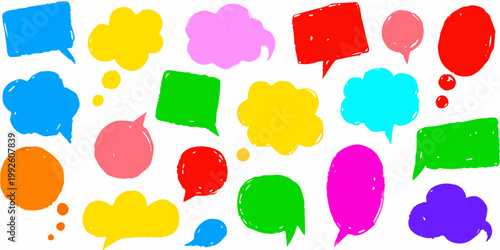 Collection of vibrant hand drawn speech bubbles in various shapes and colors