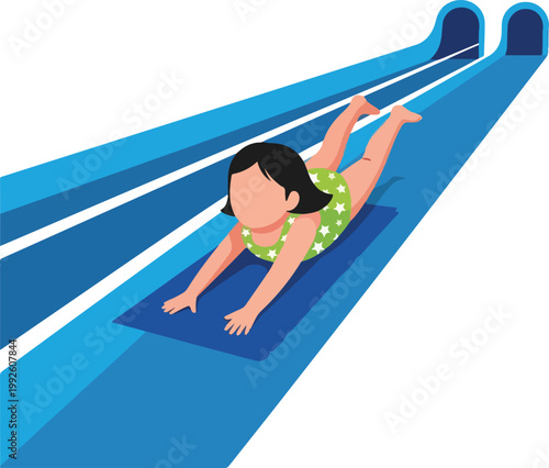 Young girl enjoying a thrilling ride down a blue water slide ideal for summerthemed designs and familyfriendly vacation advertisements.