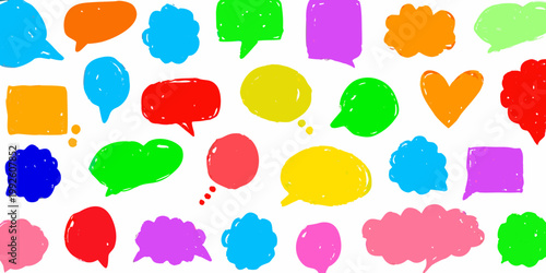 Colorful hand drawn speech bubbles and shapes scattered on a white background