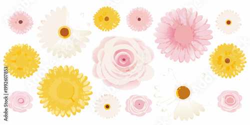 A collection of colorful stylized flowers in varying shades and forms