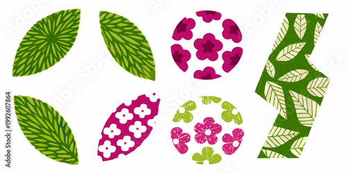 Stylized floral and leaf shapes in shades of green and magenta