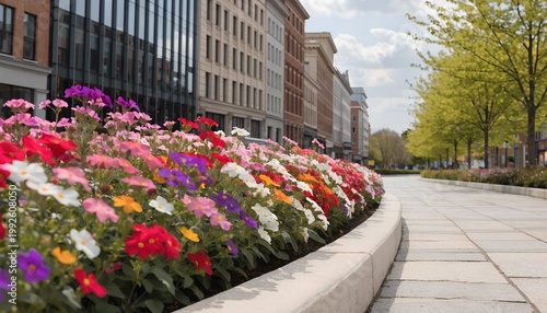 A vibrant flower bed lines a city sidewalk on a cloudy day