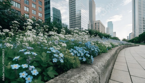 A vibrant city garden with a variety of colorful flowers and a scenic walkway