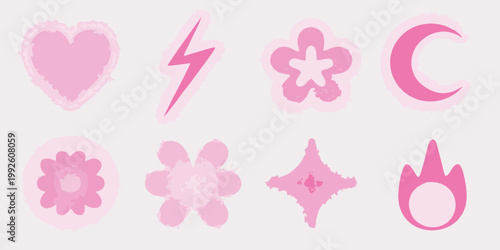 Pink stickers with various shapes including hearts flowers and lightning