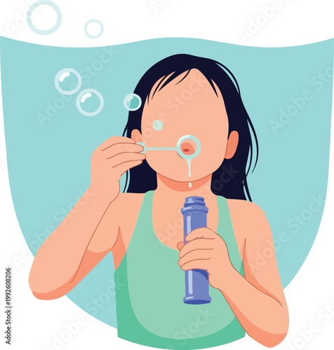 Girl blowing bubbles outdoors. Suitable for summerthemed designs, lifestyle blog posts, childrens book illustrations, or relaxation and leisure concepts.