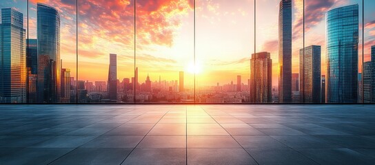 Empty modern glass observation deck overlooking a glowing city skyline at sunrise, calm and inspiring