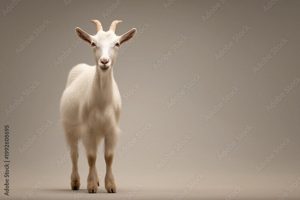 Fototapeta premium Calm White Goat with Curved Horns Standing Facing Forward on Neutral Beige Background Subtle Symbolic Portrait
