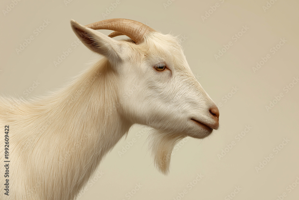 Fototapeta premium Realistic white goat side profile facing left, detailed head with curved horns and beard, soft neutral beige background, clean studio farm animal portrait photography