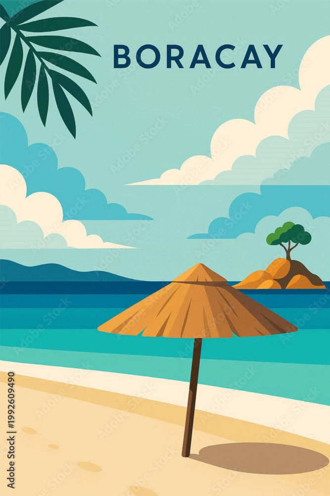 Fototapeta premium Boracay Philippines Tropical Beach Flat Design Travel Illustration - Scenic Island Coast Vector Art