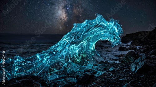 Stunning Nighttime Ocean Wave with Starry Sky Background
