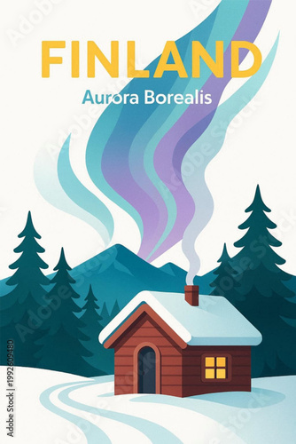 Finland Aurora Borealis Winter Landscape Flat Design Illustration - Northern Lights and Log Cabin Vector Art