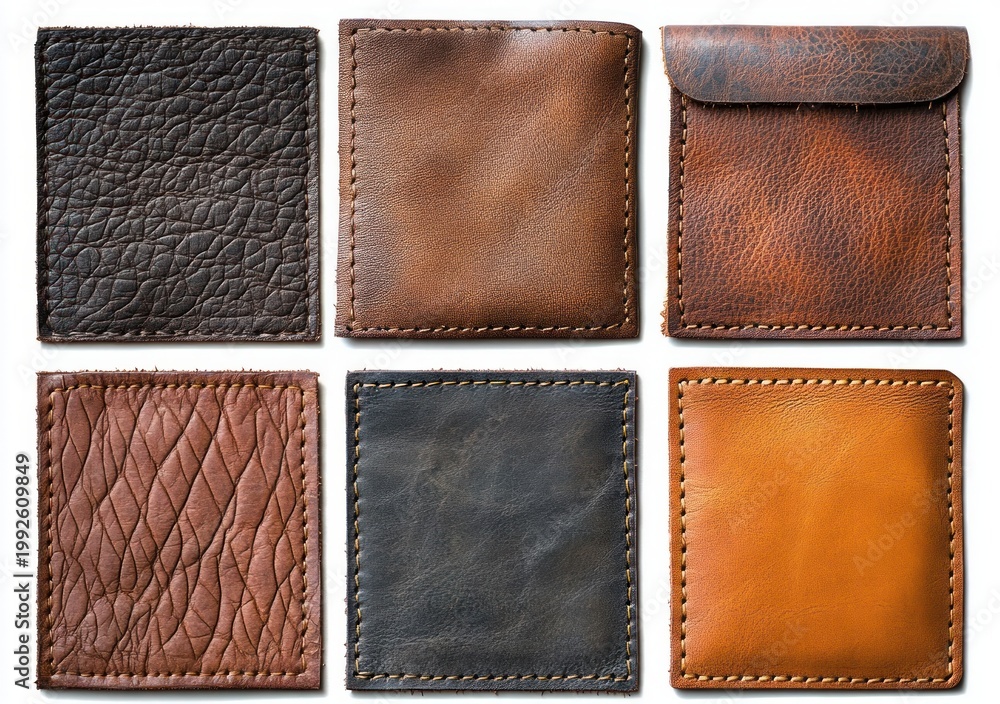 Fototapeta premium six leather swatches and a small leather pouch arranged in a neat grid showing varied textures and warm tones, evoking craftsmanship and rustic warmth