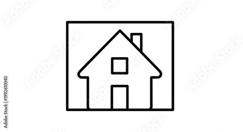 Simple House Icon Outline in Square Frame, Minimalist Real Estate Symbol