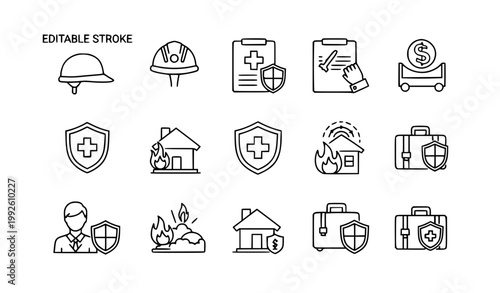 Safety Insurance Line Icons Helmet Fire House Travel Shield Vector