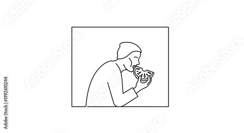 Person eating a slice of fruit, healthy lifestyle, simple line drawing