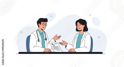 Doctors Discussing Medical Prescription Rx Form at Desk
